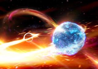 Recreaci artstica de la fusi d'un forat negre i un estel de neutrons. Imatge: Carl Knox (OzGrav)